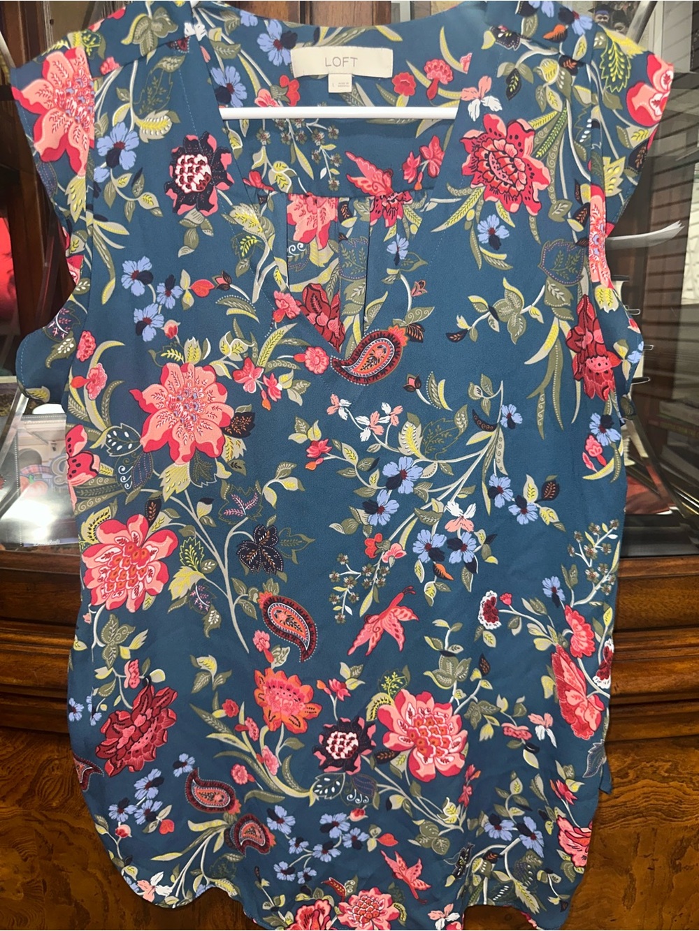 LOFT Teal Floral Cap-Sleeve Blouse with Pink & Blue Accents